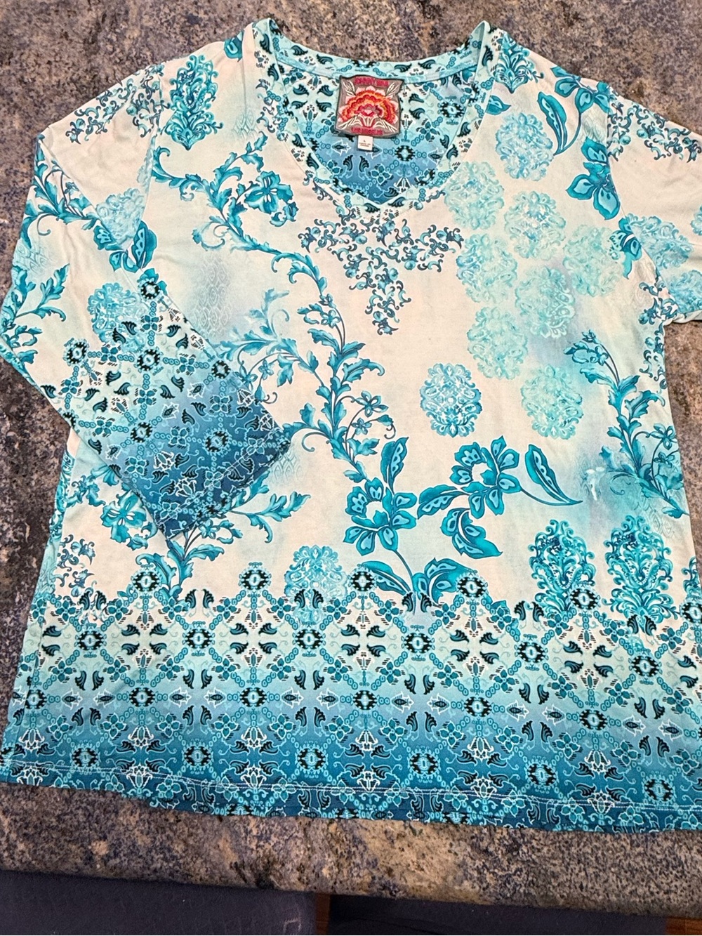 Johnny Was Teal and White Floral Border-Print 3/4 Sleeve Tee Large